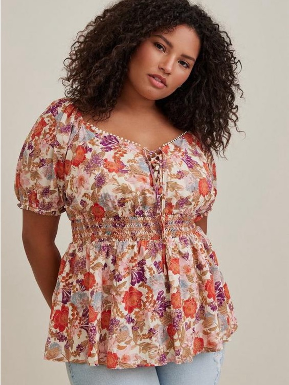 Georgette Torrid Floral Eyelet Smocked Peplum Top with Puff Sleeves